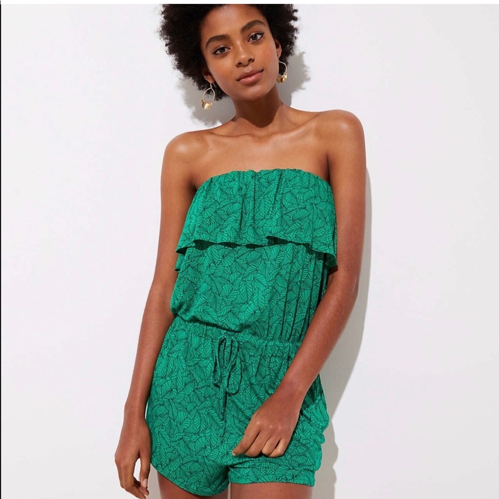 LOFT Beach Green Fern Print Strapless Romper Large